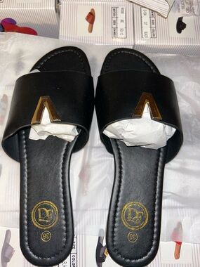 Women's Black Slide Mules with Gold Accent